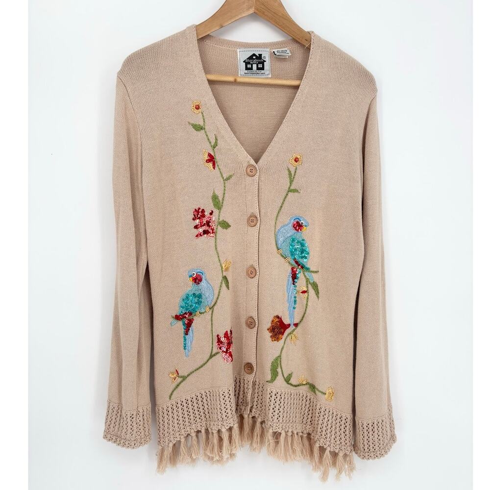 Storybook Knits Cream Crochet Tassel Hem Bird Cardigan Size M